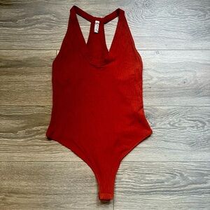 Free People Orange Brown Ribbed Sleeveless Racerback Bodysuit Size M Fall Trendy